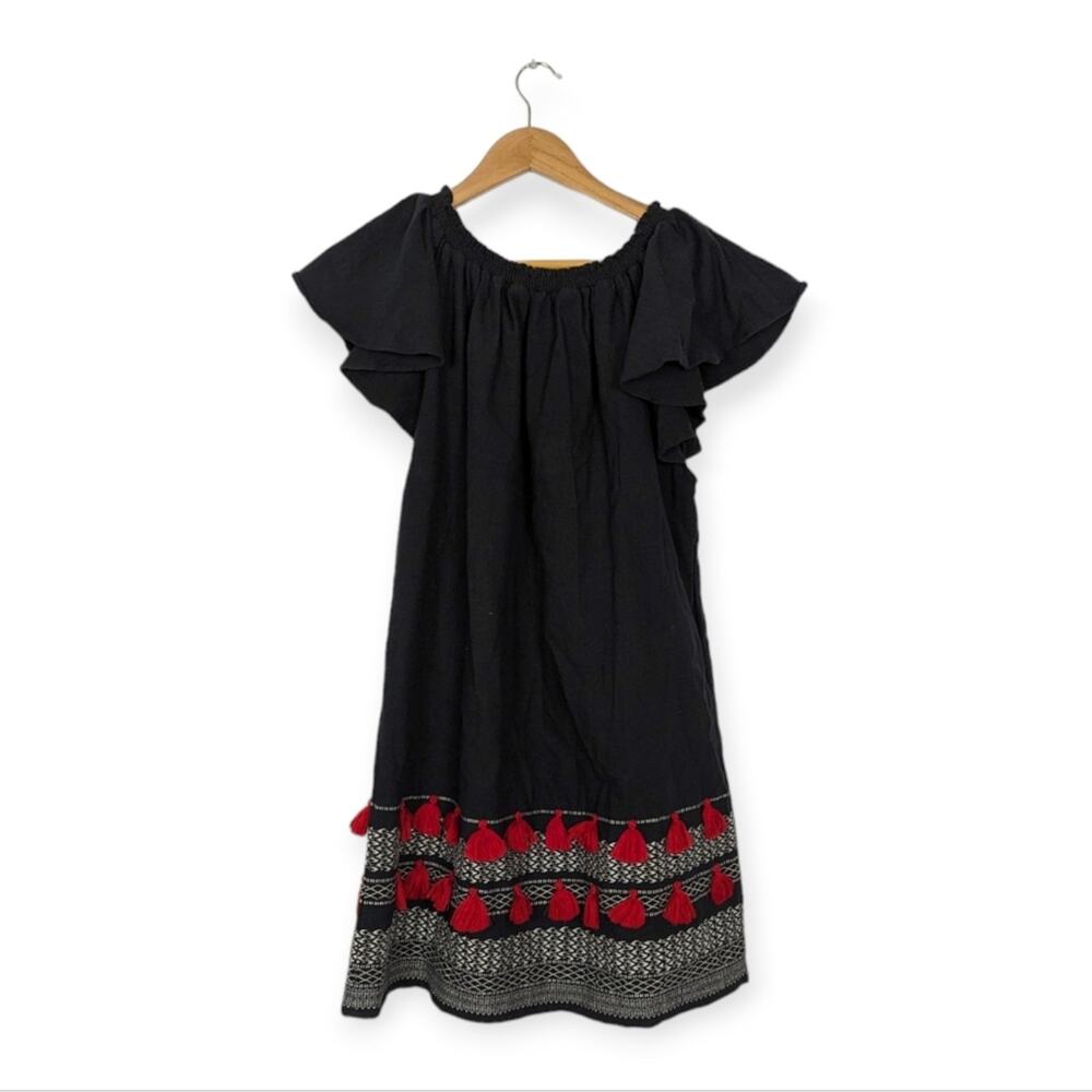 Piper Perth Dress M Black Red Tassel Off Shoulder Boho Mini Cocktail Party - Picture 2 of 7